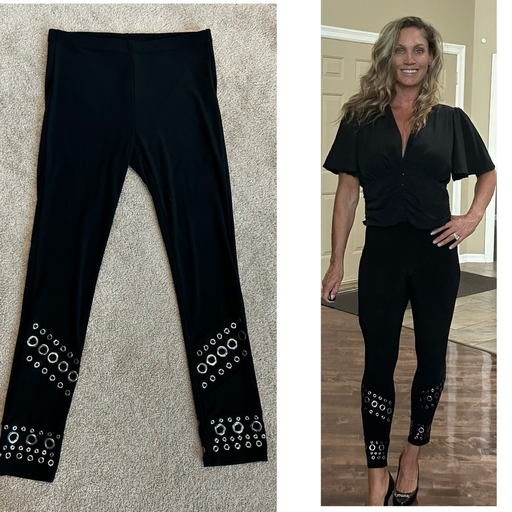 Joseph Ribkoff black grommet embellished ankle length legging pants pull-on Sz 4